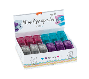 GRAMPEADOR PLÁSTICO MINI PARA 12FLS - BASE DE 7,5CM - AZ, RO, RX, VD - DISPLAY C/ 12UN
